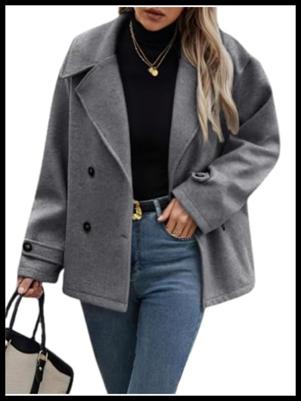 Wool Blend Cropped Pea Coat Button Down Notch Collar Winter Work Coat